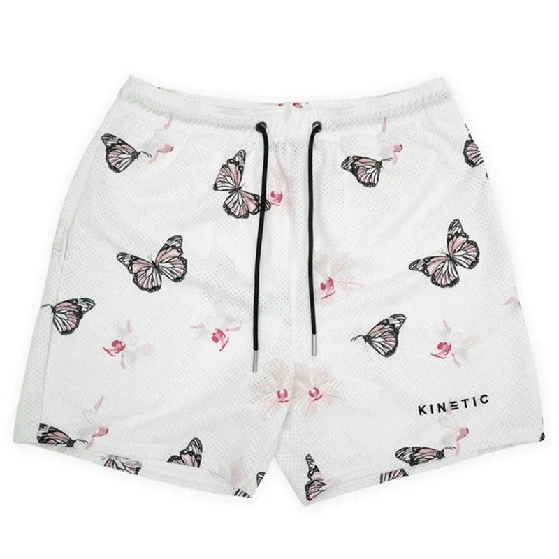 White kinetic short pant rose design with black and pink butterfly embroidery made of fitness polyester fast dry