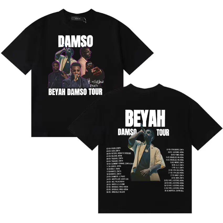 Black cotton summer singer damso t shirt with graphic print and tour dates high quality streetwear double sided design