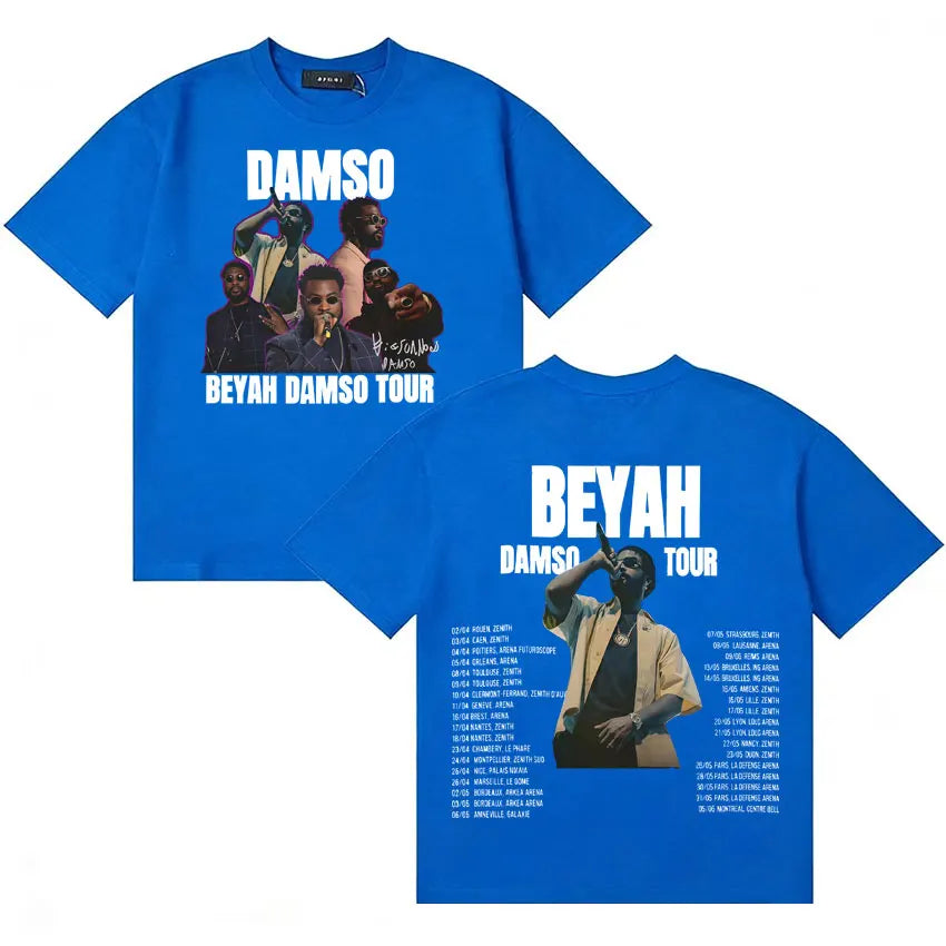 Bright blue cotton summer singer damso t shirt with beyah damso tour graphic high quality streetwear double sided design