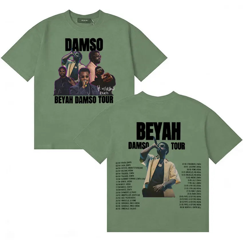 Olive green cotton t-shirt featuring summer singer damso graphic print and tour dates high quality streetwear double sided