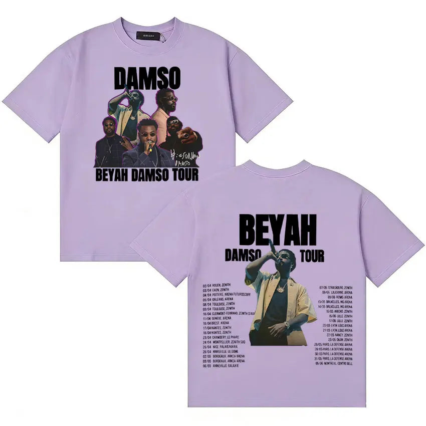 Lavender cotton summer singer damso t shirt featuring beyah damso tour graphic in high quality streetwear double sided design