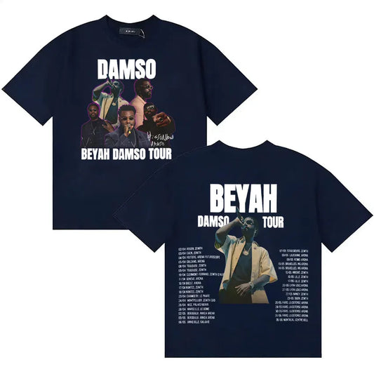 Dark navy blue cotton summer singer damso t shirt with graphic print and tour dates on back high quality streetwear double sided