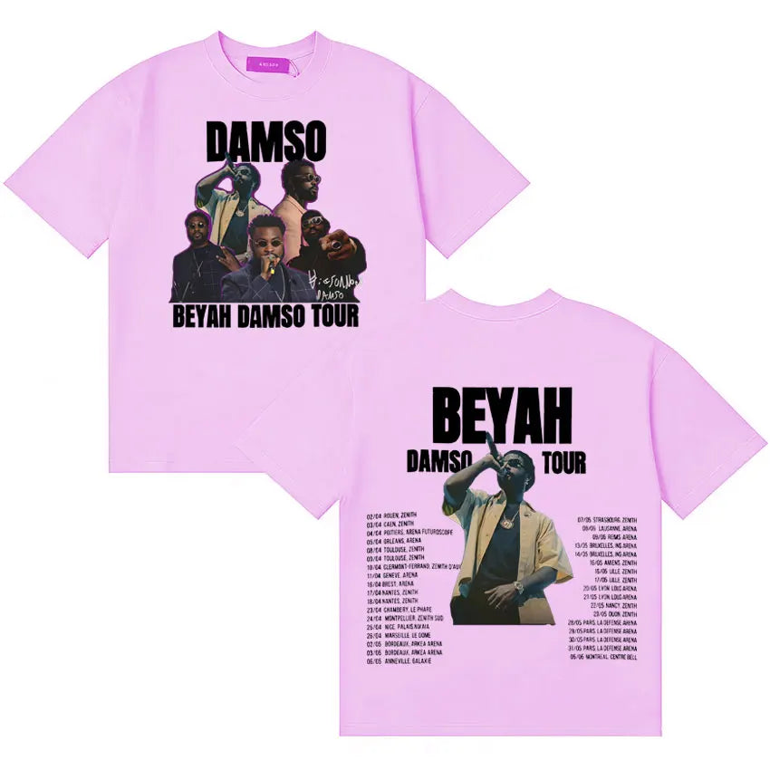 Light pink short-sleeved summer singer damso t shirt with beyah damso tour graphic print high quality streetwear double sided