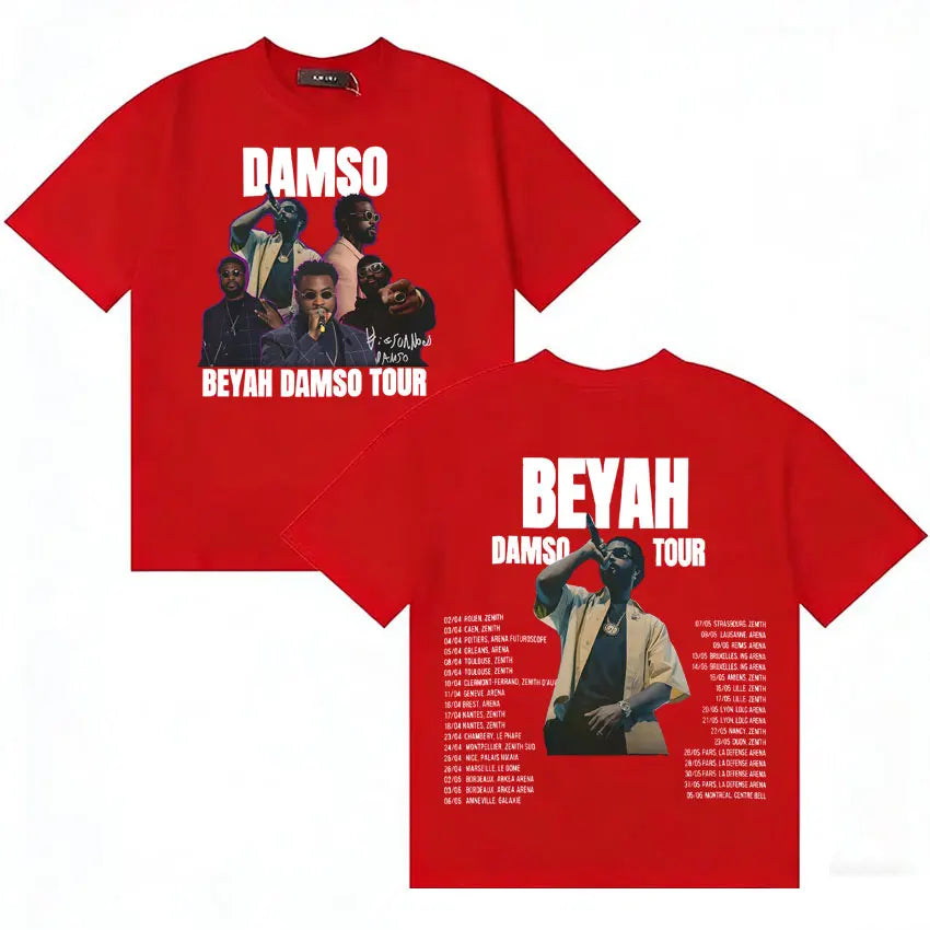 Red cotton summer singer damso t shirt with high quality streetwear graphic and white beyah damso tour text front design