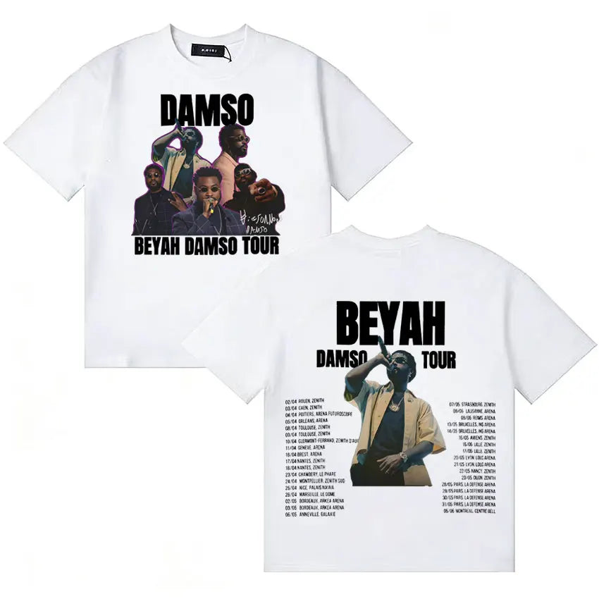 White cotton summer singer damso t shirt featuring graphic print and tour dates high quality streetwear double sided
