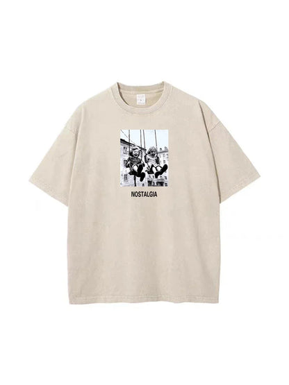 Beige oversized 100% cotton sumuyoo t shirt with black and white retro printed children graphic and nostalgia text fashion hip hop wax printing