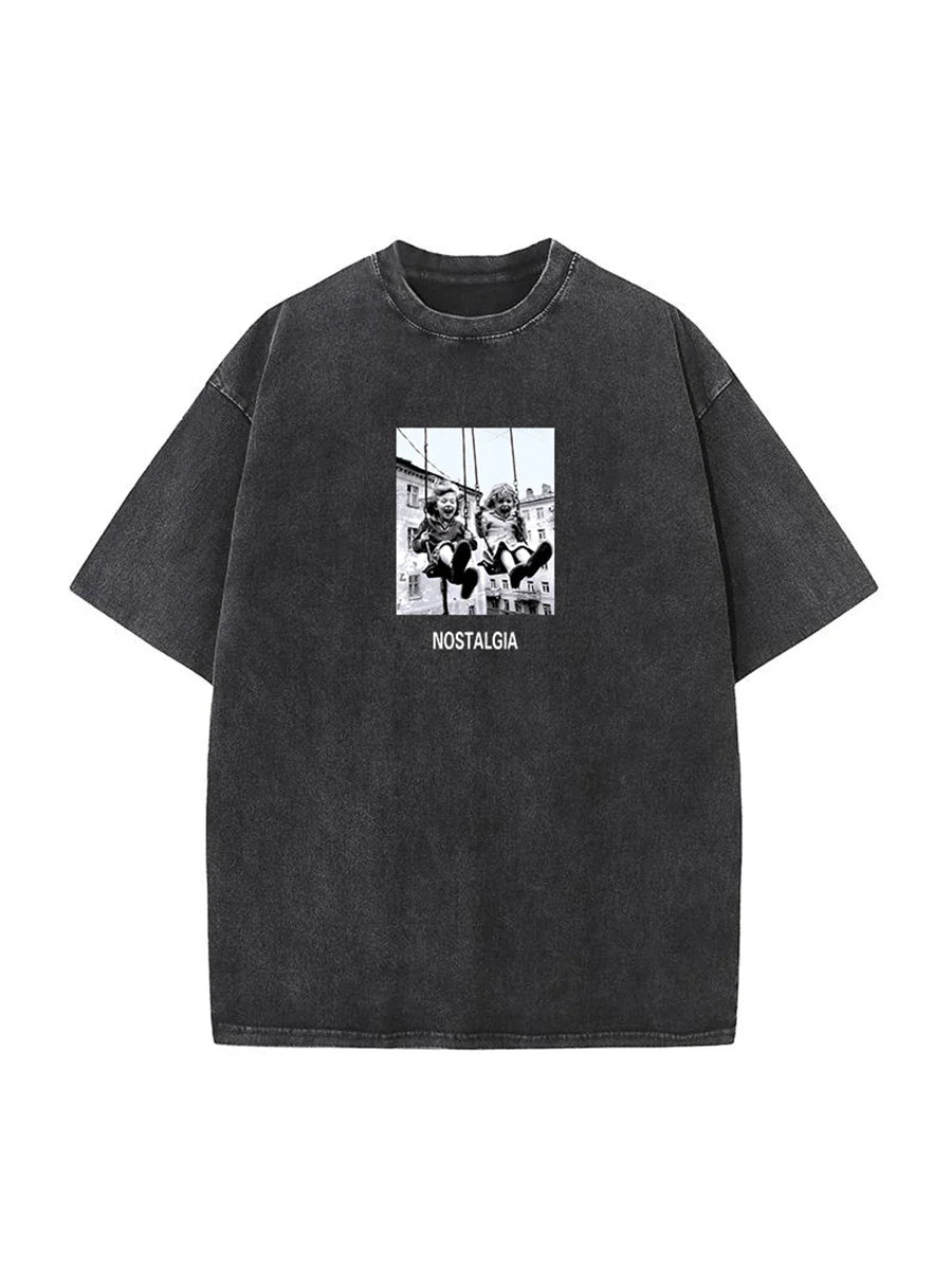 Sumuyoo black oversized cotton t shirt with retro printed vintage children graphic and nostalgia text in fashion hip hop style