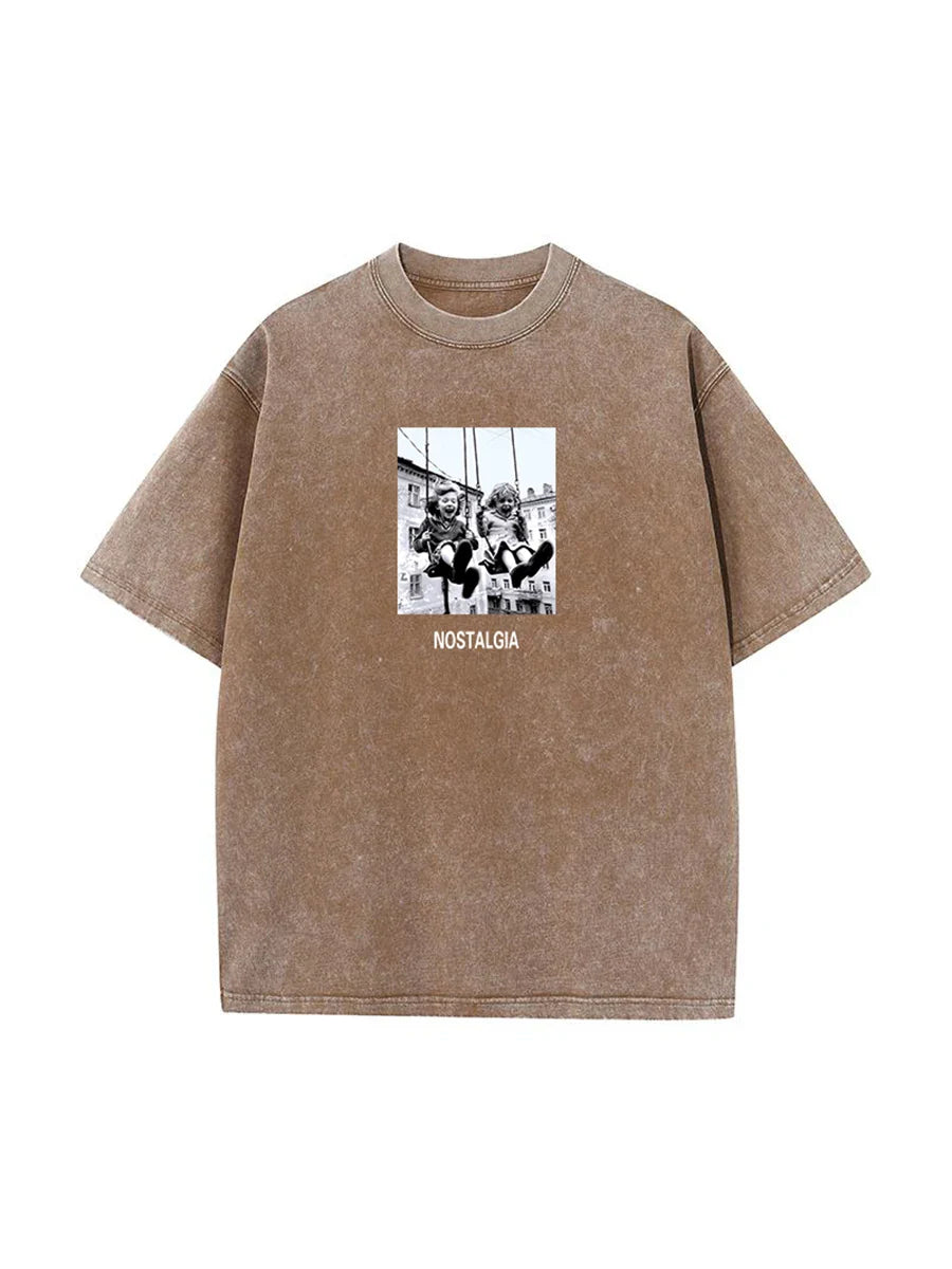 Beige oversized cotton t-shirt with black and white retro printed children graphic and nostalgia text fashion hip hop wax printing