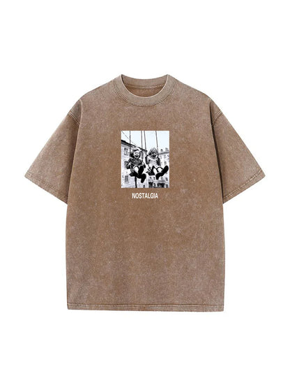 Beige oversized cotton t-shirt with black and white retro printed children graphic and nostalgia text fashion hip hop wax printing