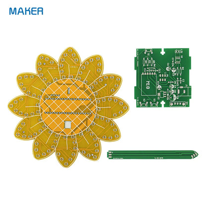 Yellow sunflower-shaped led kit animation circuit board with gold traces and green m18 module for bluetooth sound mode music spectrum