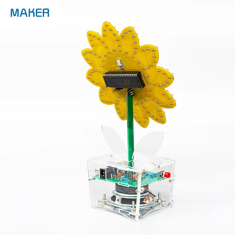 Yellow sunflower bluetooth sound led kit animation with green stem and transparent acrylic base for mode music spectrum