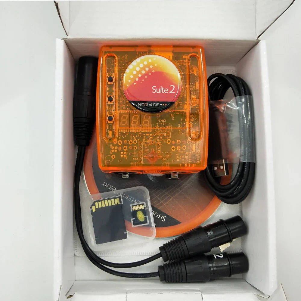 Orange translucent nicolaudio suite 2 audio interface with circuit board and digital display for disco suite2 dmx lighting controller dmx512