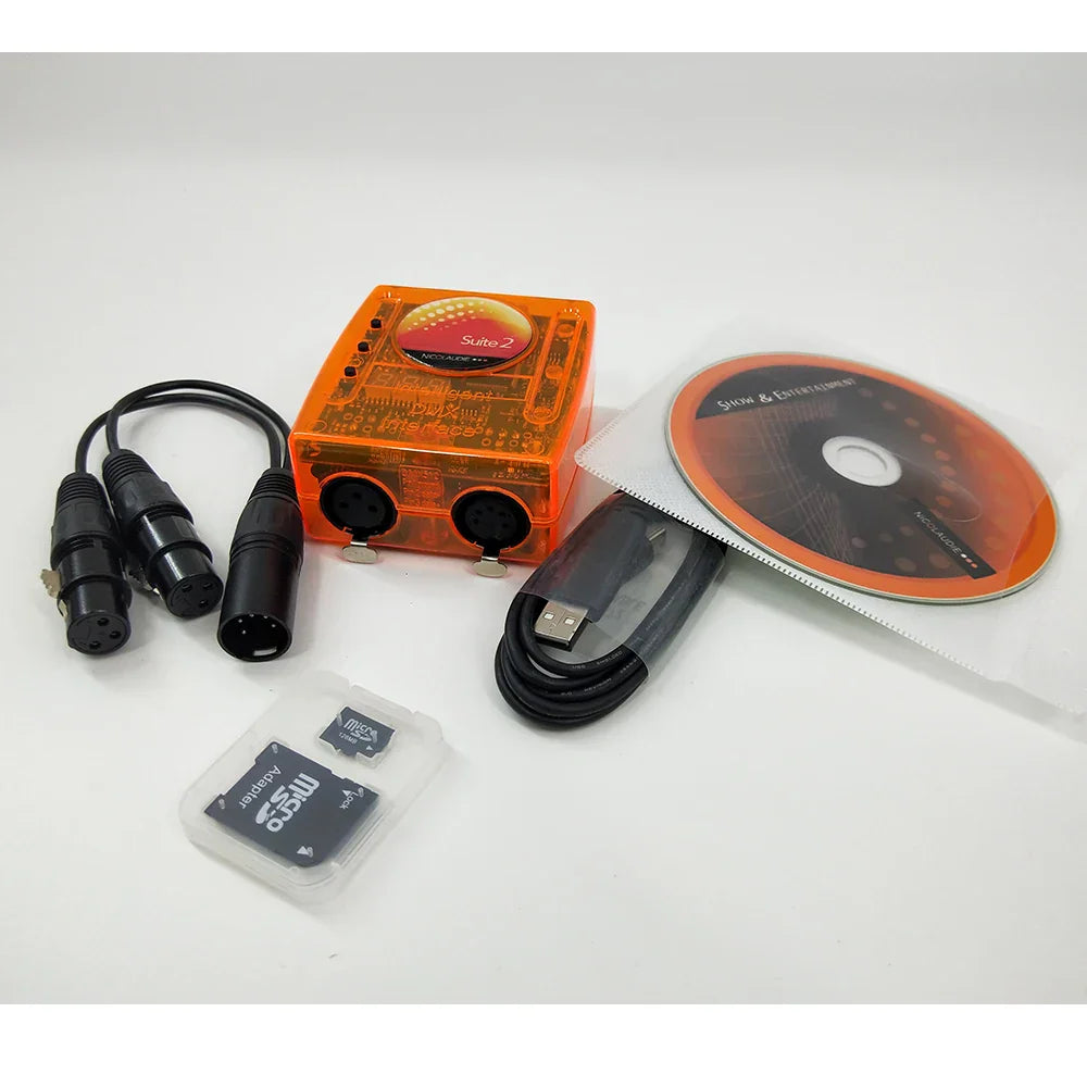 Orange translucent plastic lighting controller dmx512 with two black xlr inputs and red suite 2 label for disco suite2 dmx