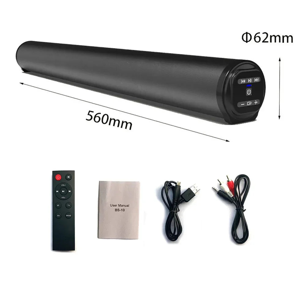 Black cylindrical soundbar with matte finish and control buttons offering super powerful sound and bluetooth speaker surround features