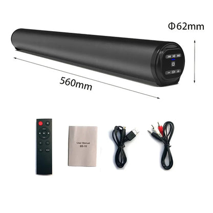 Black cylindrical super powerful soundbar with matte finish and control buttons featuring bluetooth version and audio input options