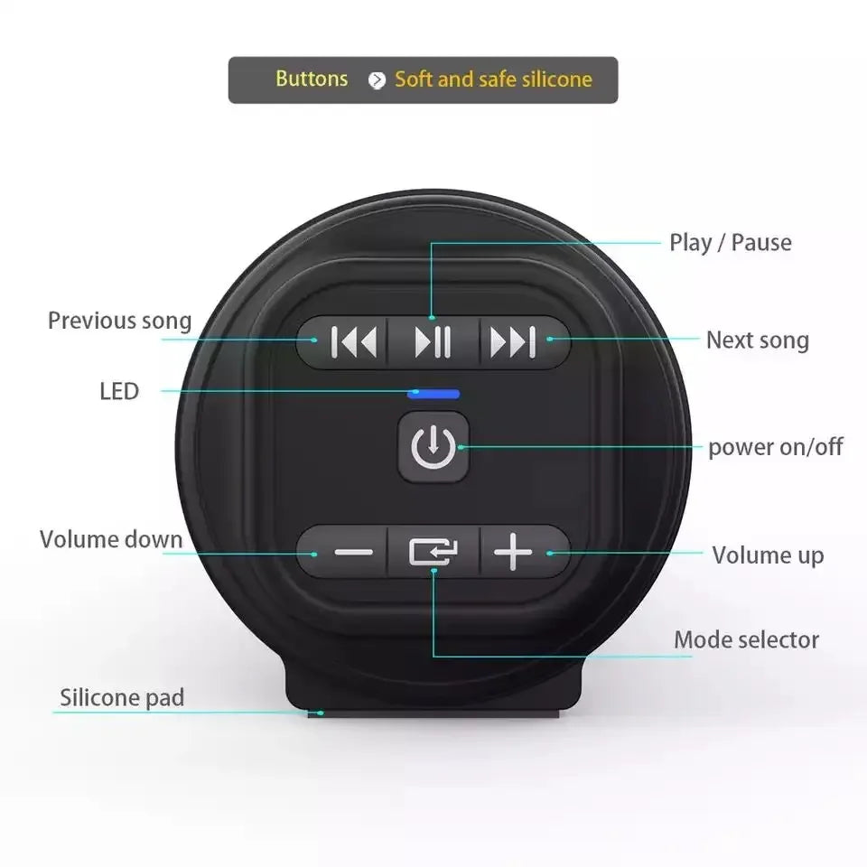 Black circular portable bluetooth speaker surround with soft silicone buttons and central power button for super powerful sound
