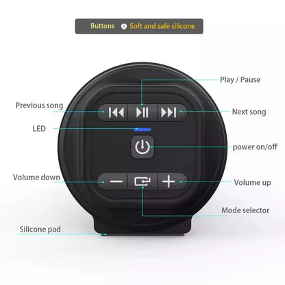 Black circular portable wireless bluetooth speaker with soft silicone buttons and central power button for home audio input