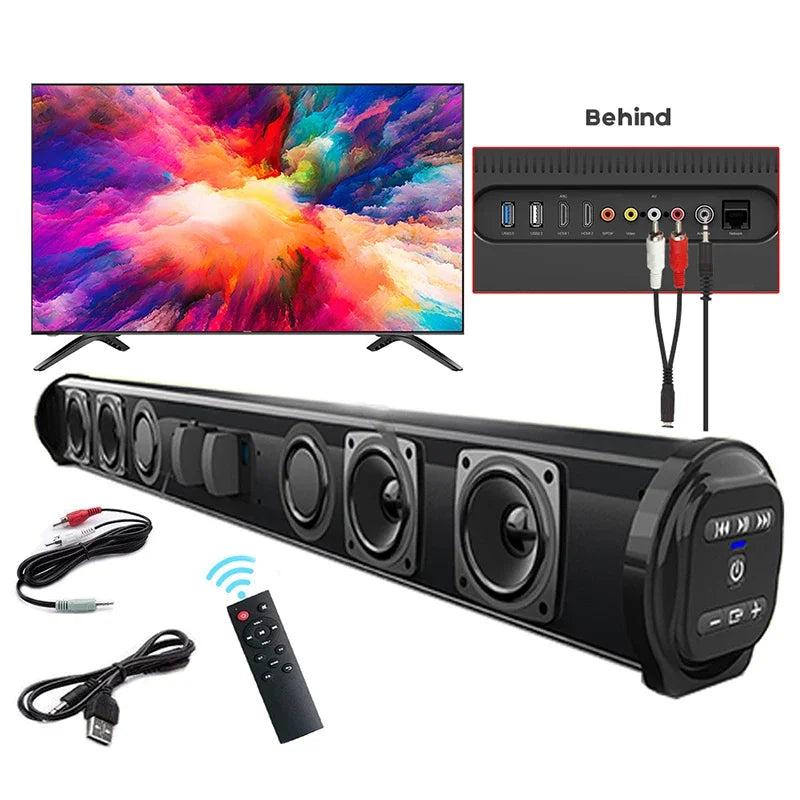 Black sleek super powerful sound bar with multiple circular speakers and control panel for bluetooth speaker surround stereo home use