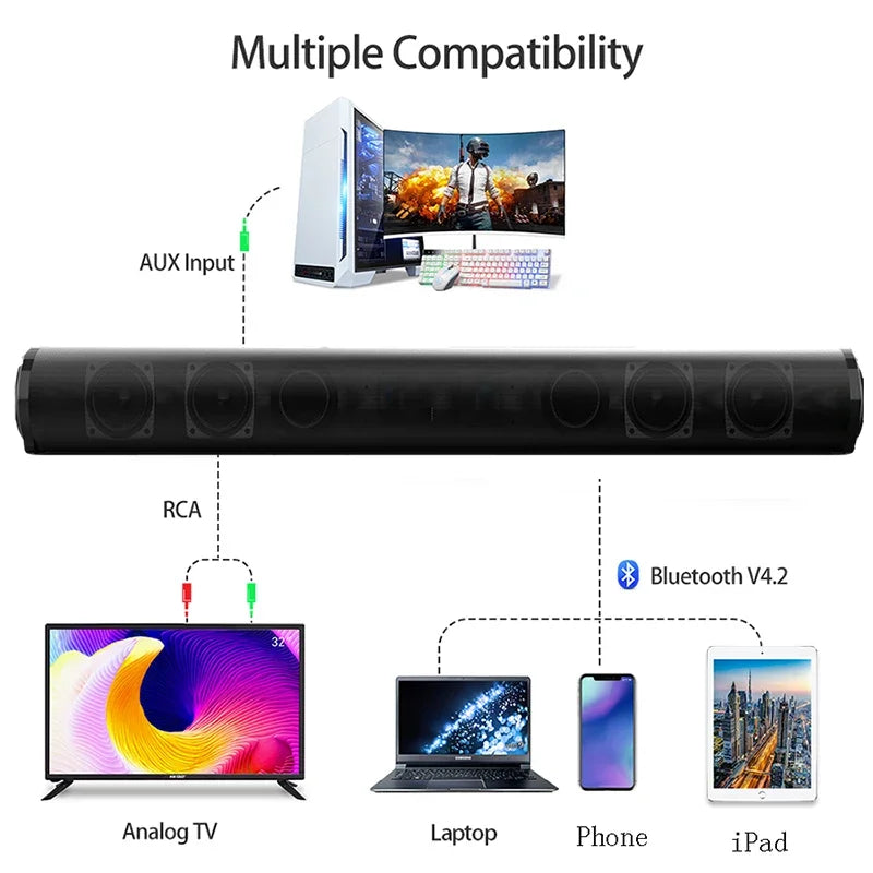 Black super powerful sound bar portable bluetooth speaker surround stereo home with aux rca and bluetooth v4.2 connectivity