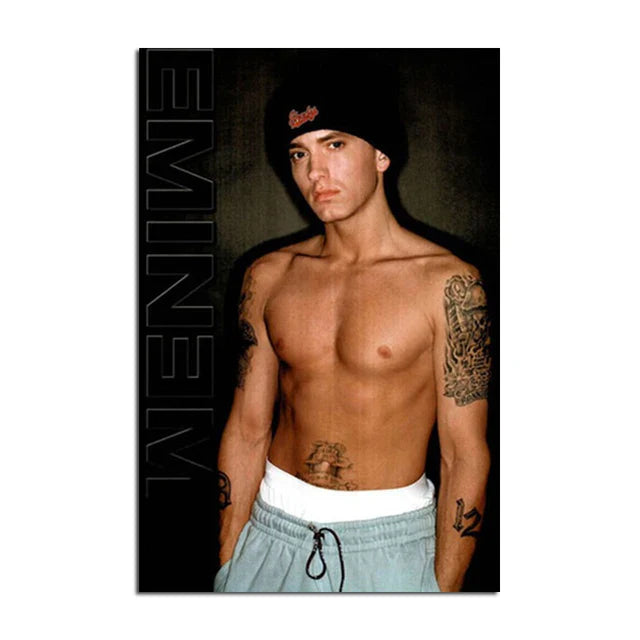 Black beanie with red embroidered logo displayed alongside super rapper eminems posters and prints featuring color change effects