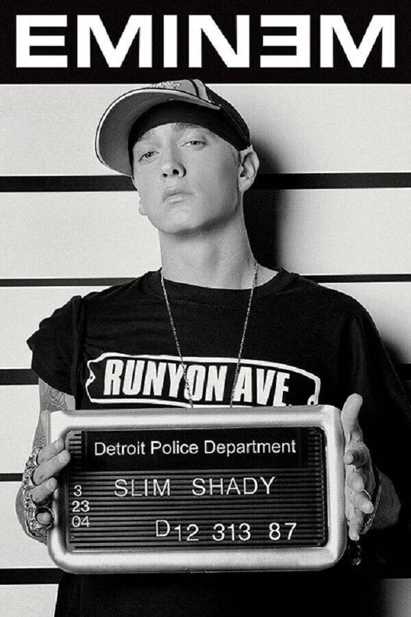 Black runyon ave t-shirt with white lettering and silver chain necklace featured in super rapper eminem canvas painting wall art with color change effect