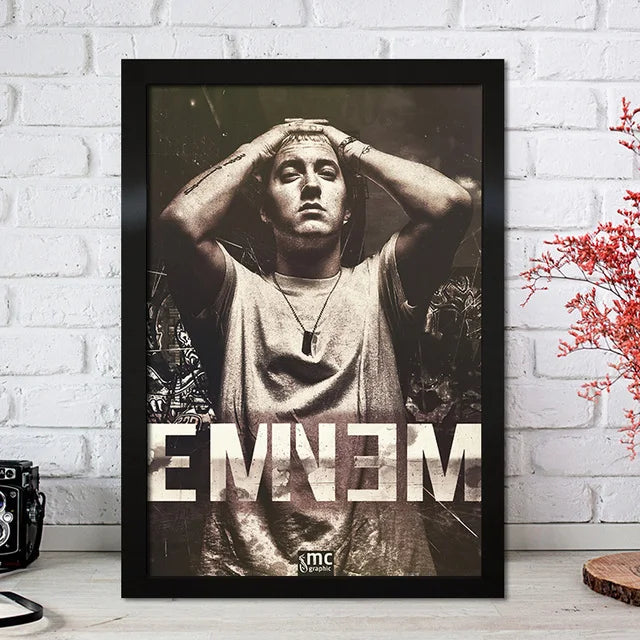 Black-framed sepia-toned eminem poster with bold white lettering color change canvas wall art for home decor