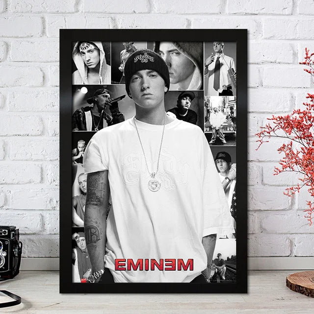 Black-framed eminem collage poster with central black-and-white portrait and red text color change for bedroom decor