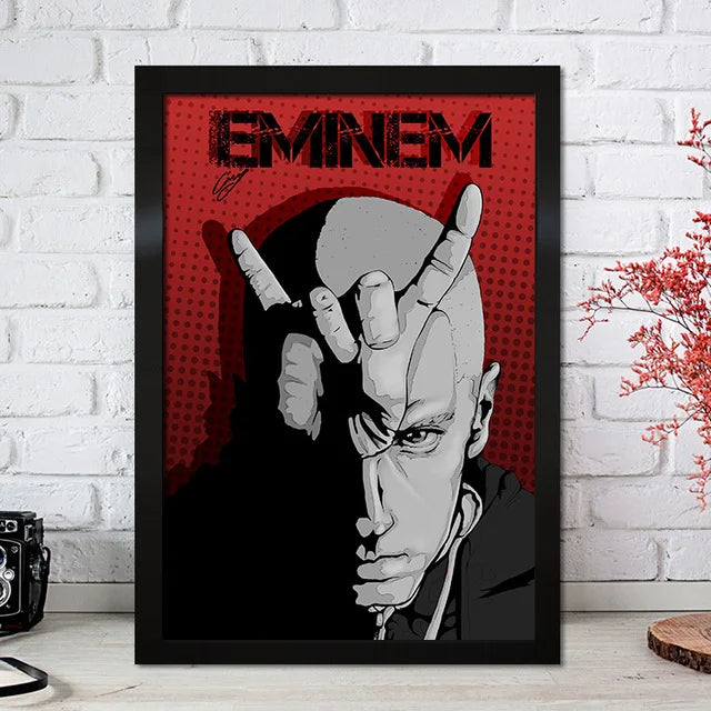 Black-framed poster of eminem in grayscale making rock on gesture with vibrant red halftone background color change effect