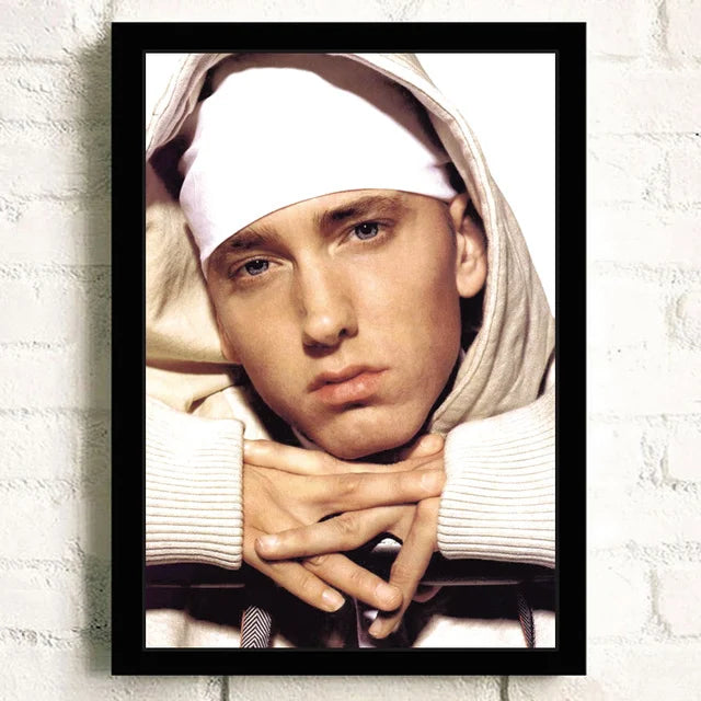 Black-framed portrait canvas painting of eminem in white headband and hoodie for bedroom color change wall art decor