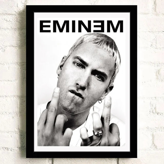 Black-framed poster featuring a black-and-white portrait of eminem with bold text for bedroom home decor color change effect