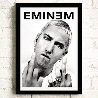 Black-framed poster featuring a black-and-white portrait of eminem with bold text for bedroom home decor color change effect