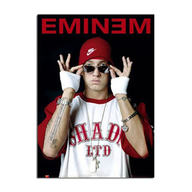 Super rapper Eminems poster featuring a red Nike cap with color change effect on black background for home decor