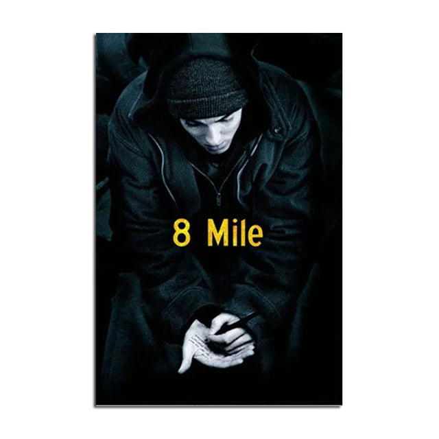 Dark 8 mile movie poster with yellow text and man in black clothing on canvas for bedroom home decor with color change