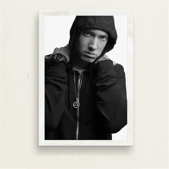 Black and white framed Eminem poster with hooded jacket and layered necklaces color change canvas wall art for home decor
