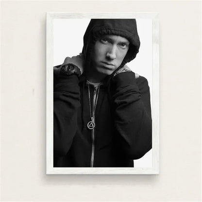 Black and white framed Eminem poster with hooded jacket and layered necklaces color change canvas wall art for home decor