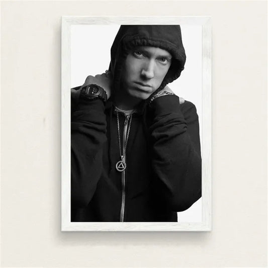 Black and white framed Eminem poster with hooded jacket and layered necklaces color change canvas wall art for home decor