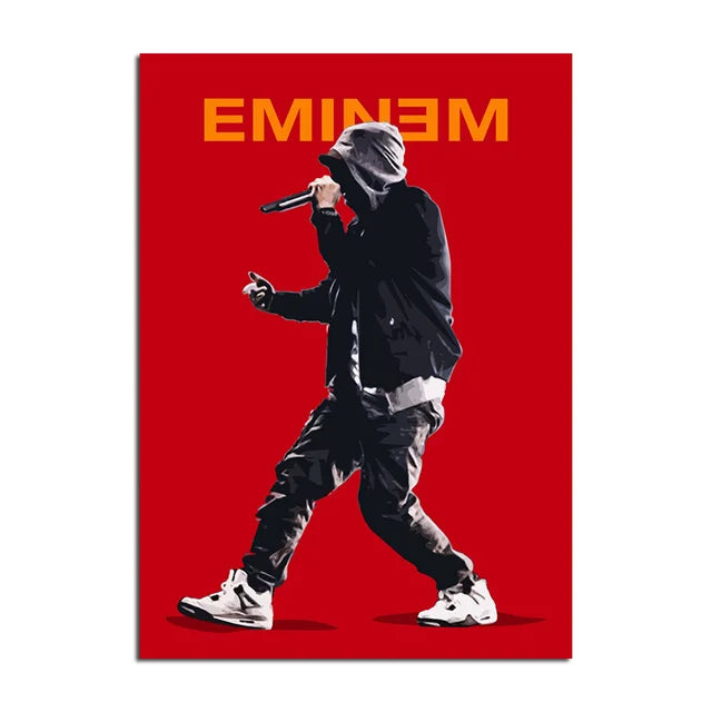 Red poster with black and white eminem illustration holding microphone featuring color change effect for home decor