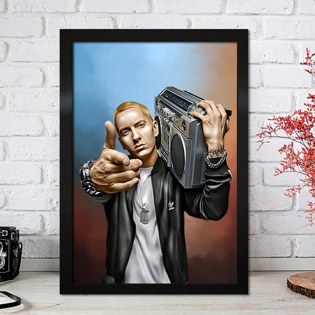 Black-framed color change canvas painting of eminem in a black leather jacket holding a silver boombox for home decor