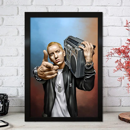 Black-framed color change canvas painting of eminem in a black leather jacket holding a silver boombox for home decor