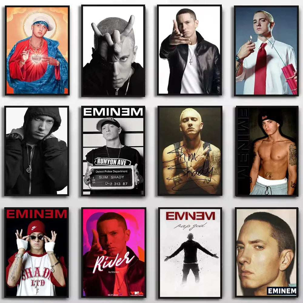 A collection of framed eminem posters and prints featuring iconic designs with color change effect for home decor