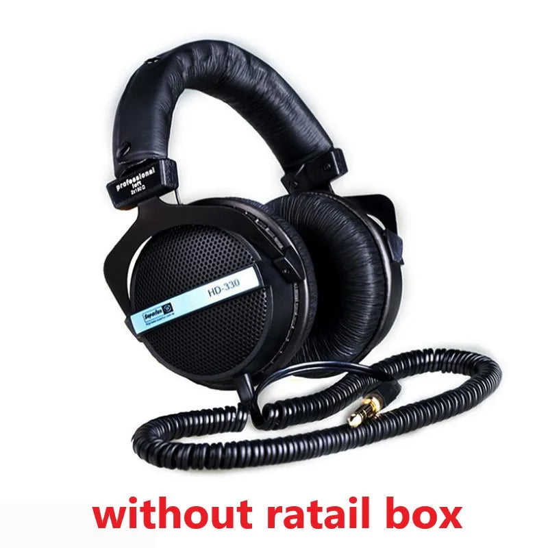 Black beyerdynamic hd 330 over-ear headphones with coiled cable and semi-open dynamic clear sound soft earmuff design