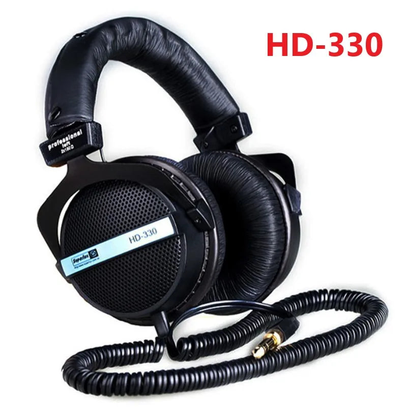 Black Sennheiser HD-330 professional over-ear headphones with padded headband earcups and semi-open dynamic clear sound soft earmuff