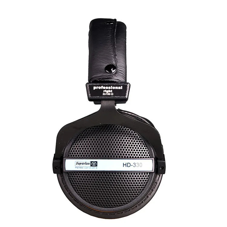Black superlux hd-330 audiophile hifi stereo headphones with perforated metal grille leather headband and soft earmuff