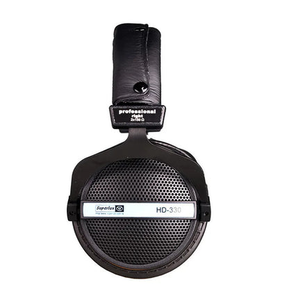 Black superlux hd-330 audiophile hifi stereo headphones with perforated metal grille leather headband and soft earmuff