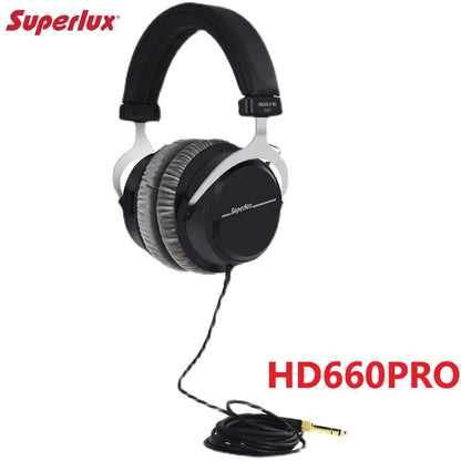 Superlux hd660pro professional studio closed-back headphones with black and silver padded earcups and coiled cable for recording monitoring broadcast