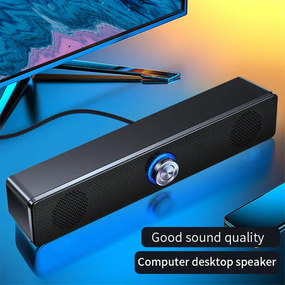 Black rectangular surround speaker home theater sound system with silver control knob and blue led subwoofer wired stereo strong bass