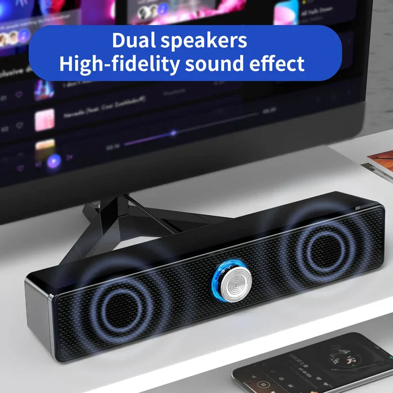 Black rectangular surround speaker home theater sound system with dual drivers, silver knob, and stereo strong bass grille