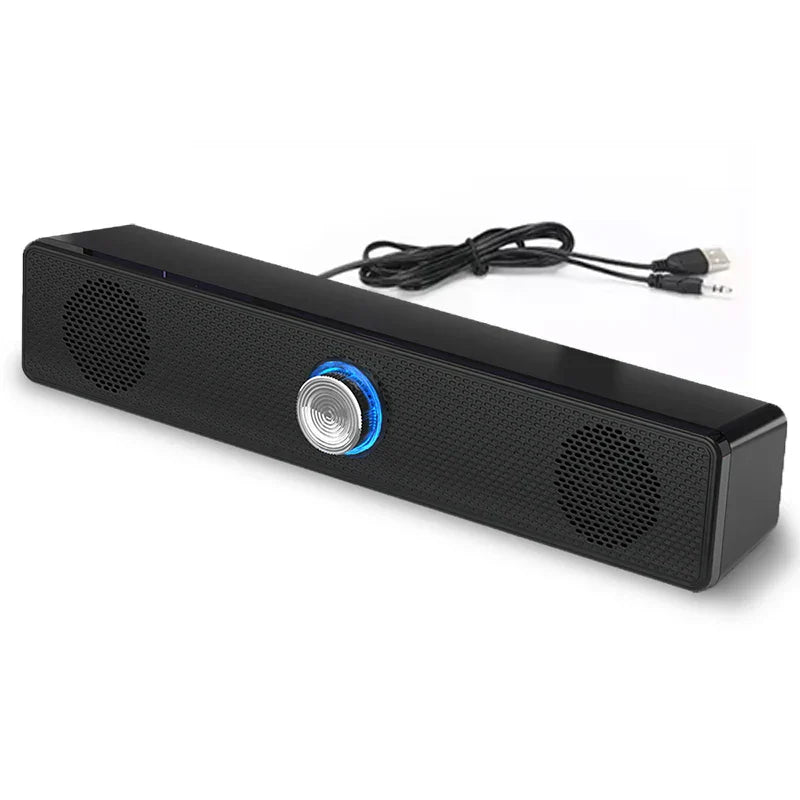 Black rectangular surround speaker home theater with silver knob illuminated by blue light and stereo strong bass subwoofer wired stereo