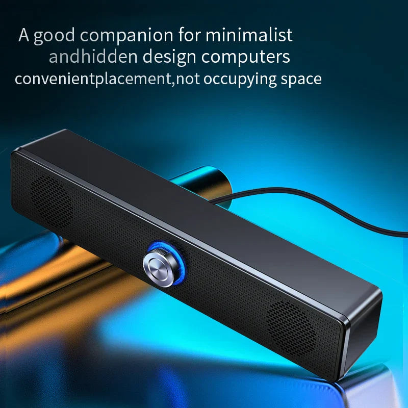 Black rectangular surround speaker home theater sound system with silver control knob emitting blue light subwoofer wired stereo strong bass