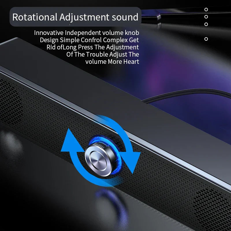 Black surround speaker home theater sound system with silver circular volume knob glowing blue subwoofer wired stereo strong bass